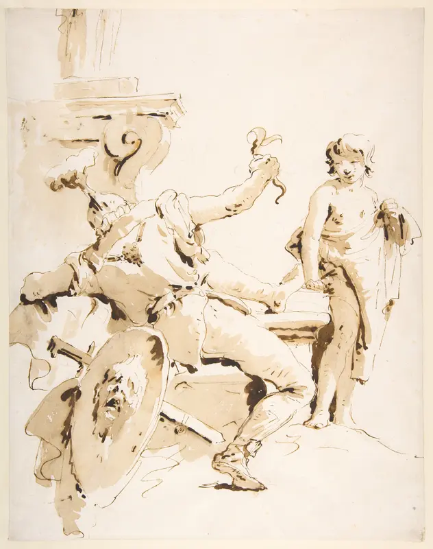 Scherzo di Fantasia: Seated Warrior Holding a Serpent, and Standing Youth Wall Art by Giovanni Battista Tiepolo - High-Resolution Digital Print