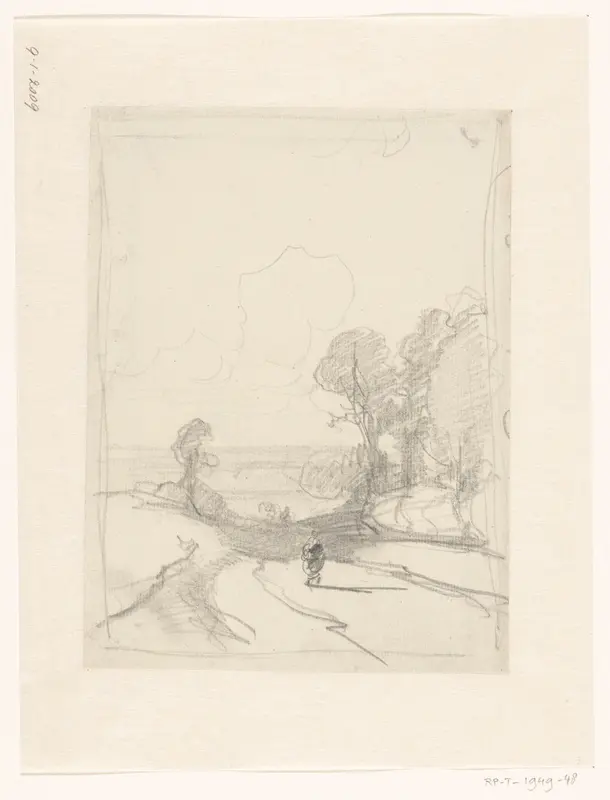 Schets met een figuur op een weg in de bergen, in de verte een vlakte Wall Art by Andreas Schelfhout - High-Resolution Digital Print