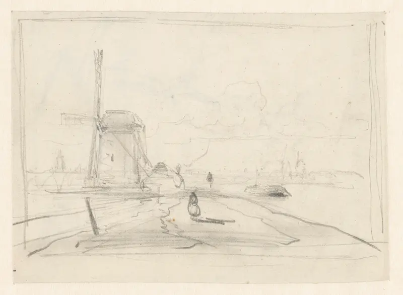 Schets van een landschap met een molen en een stad in het verschiet Wall Art by Andreas Schelfhout - High-Resolution Digital Print