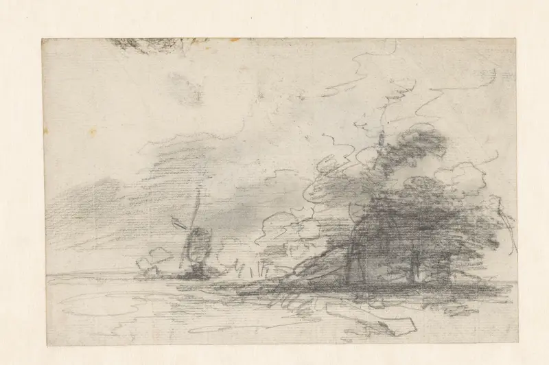 Schets van een landschap met molen in het verschiet Wall Art by Andreas Schelfhout - High-Resolution Digital Print
