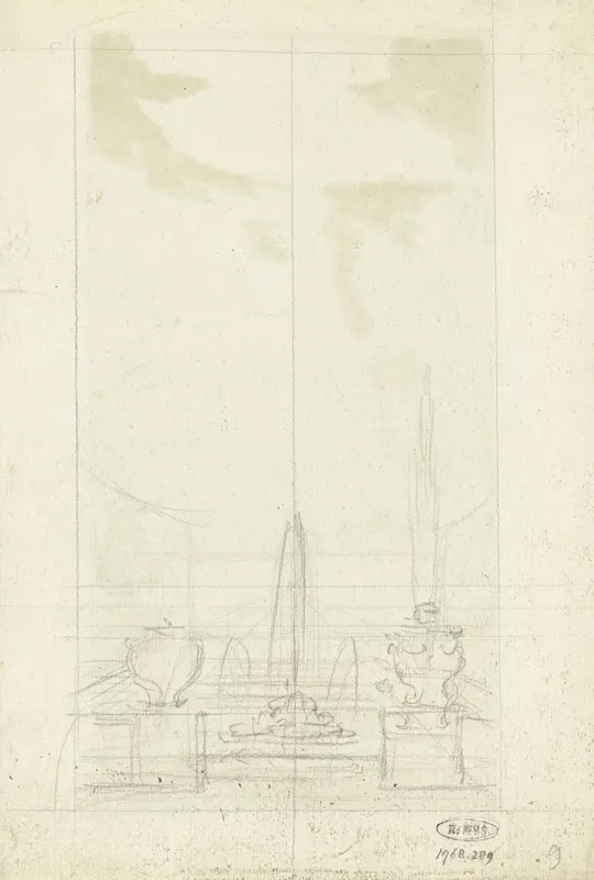 Schets van een tuin met een vijver en een fontein Wall Art by Elias van Nijmegen - High-Resolution Digital Print