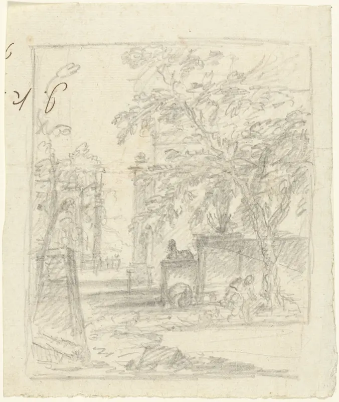 Schets van een tuin met obelisk en persoon bij vijver Wall Art by Unknown - High-Resolution Digital Print