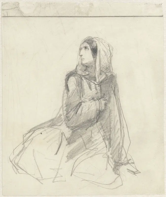Schets van een vrouw, met een doek over het hoofd Wall Art by Unknown - High-Resolution Digital Print