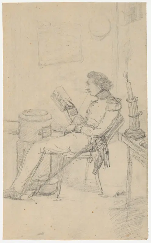 Schets van een zittende, lezende militair bij een potkachel Wall Art by Christian Heinrich Gottlieb Steuerwald - High-Resolution Digital Print