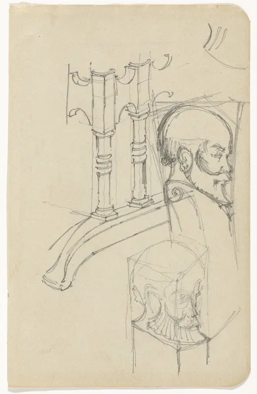 Schets van het onderstel van een tafel, en een bewerkte leuning Wall Art by Gerrit Willem Dijsselhof - High-Resolution Digital Print