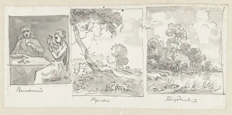 Schets van man en vrouw aan tafel en twee schetsen van landschappen Wall Art by Jurriaan Andriessen - High-Resolution Digital Print