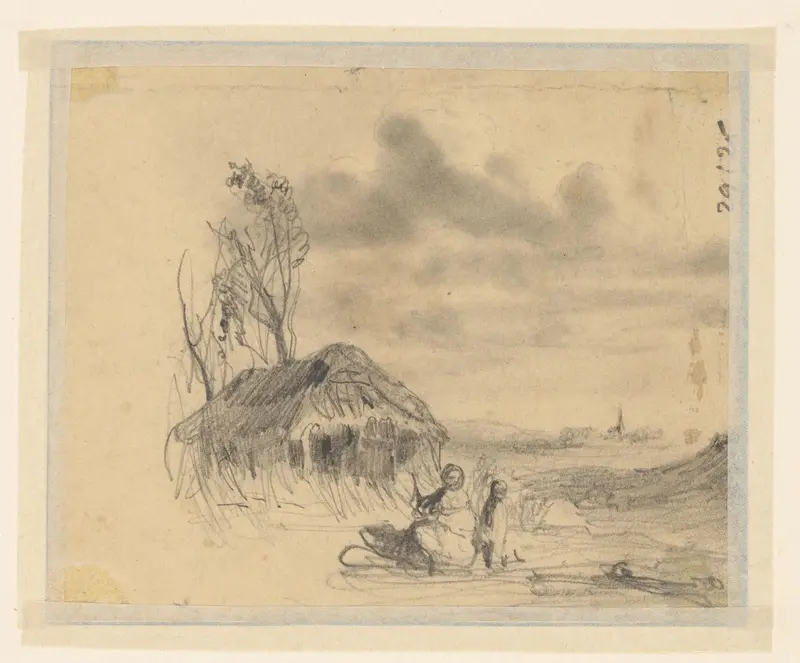 Schets van moeder met kind voor boerderij Wall Art by Eugène François de Block - High-Resolution Digital Print
