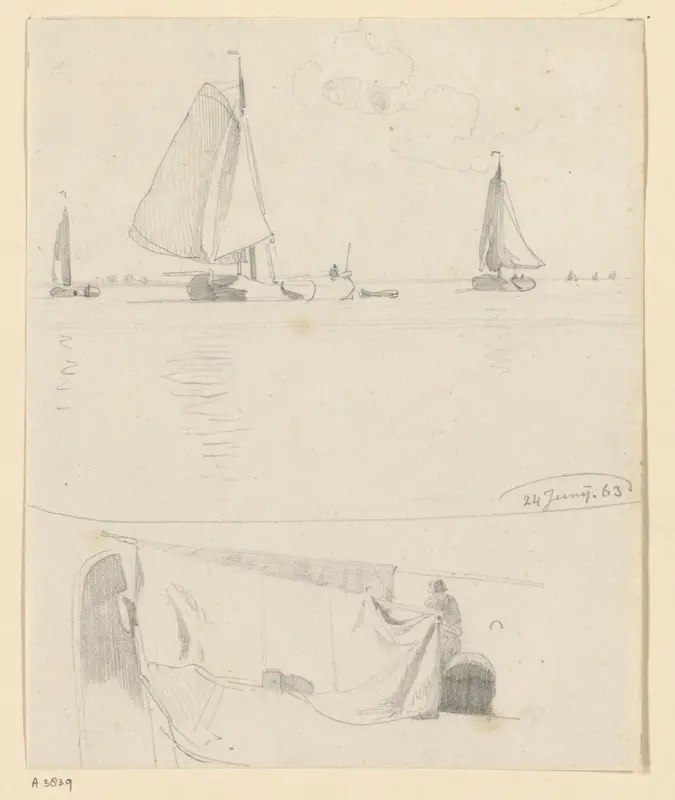 Schets van schuiten en man op dek Wall Art by Willem Anthonie van Deventer - High-Resolution Digital Print