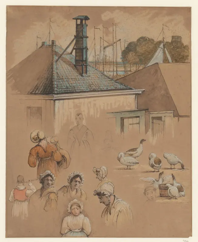 Schetsblad met de Nieuwebrug en verschillende vrouwenfiguren Wall Art by Christiaan Andriessen - High-Resolution Digital Print