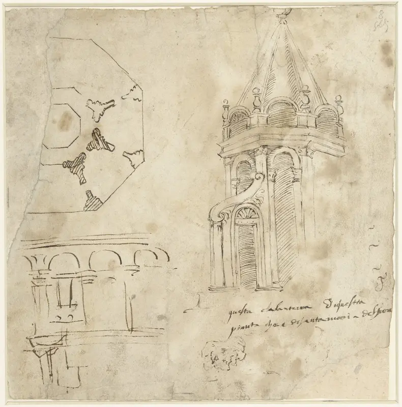 Schetsblad met details van de Dom van Florence en een profielkop Wall Art by Unknown - High-Resolution Digital Print