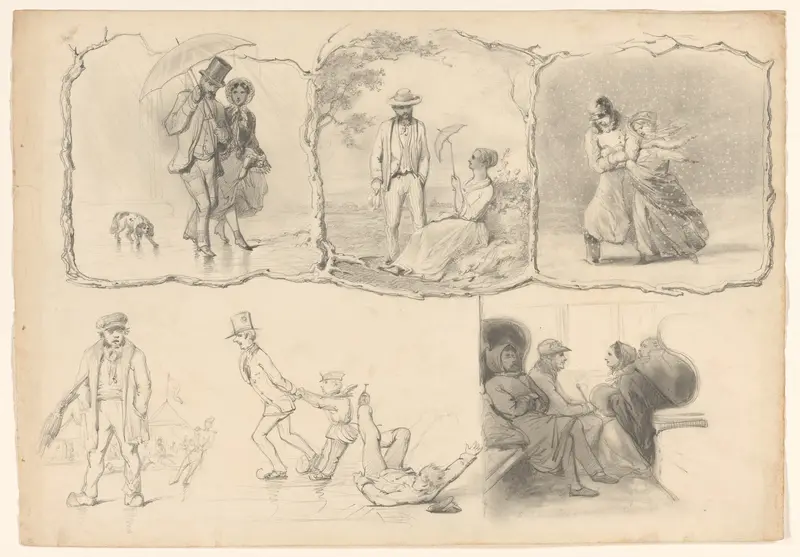 Schetsblad met diverse studies, onder andere van ijspret Wall Art by August Allebé - High-Resolution Digital Print