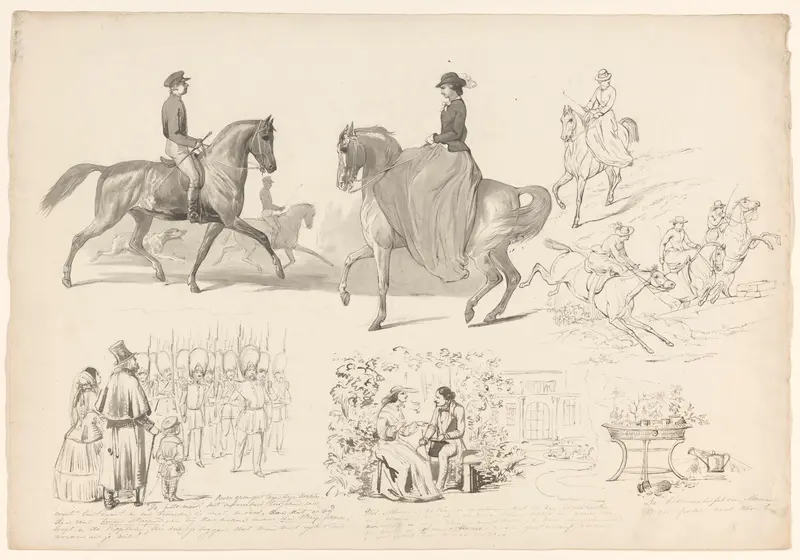 Schetsblad met diverse studies, onder andere van paardensport Wall Art by August Allebé - High-Resolution Digital Print