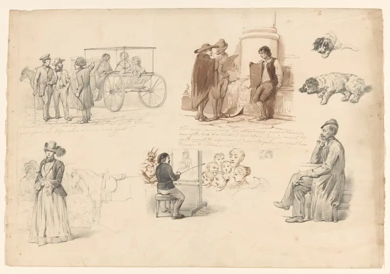 Schetsblad met diverse studies, onder andere van twee honden Wall Art by August Allebé - High-Resolution Digital Print