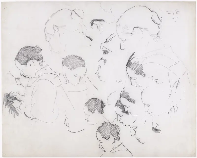 Schetsblad met diverse studies van een vrouwenhoofd Wall Art by Gerrit Willem Dijsselhof - High-Resolution Digital Print