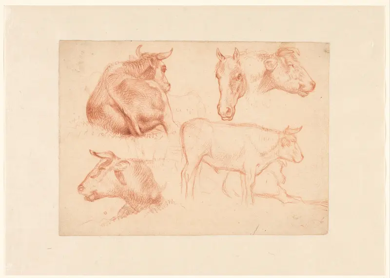 Schetsblad met diverse studies van koeien en een studie van een paardenhoofd Wall Art by Wouter Johannes van Troostwijk - High-Resolution Digital Print