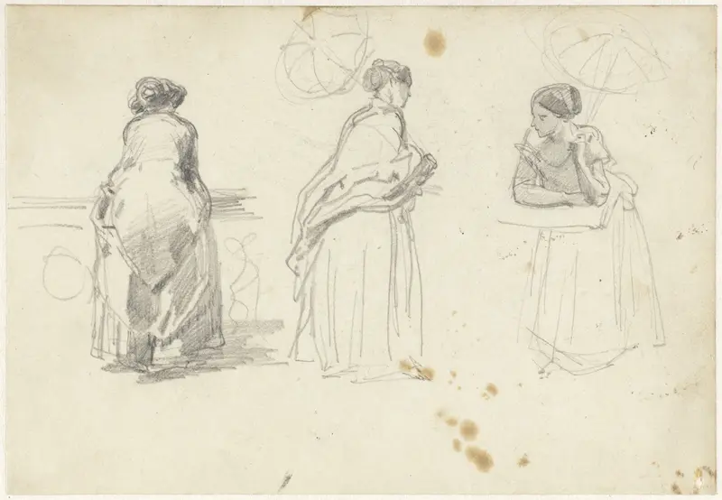 Schetsblad met drie studies van een vrouw met een parasol Wall Art by Unknown - High-Resolution Digital Print