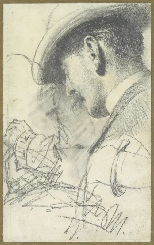 Schetsblad met een heer met knevel en hoed, schuin van achteren gezien, benevens enige details Wall Art by Adolph Menzel - High-Resolution Digital Print