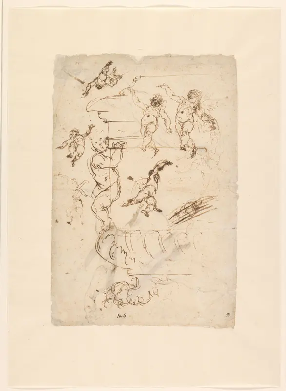 Schetsblad met een hoek van een kist op een leeuwenvoet en verschillende putti Wall Art by Unknown - High-Resolution Digital Print