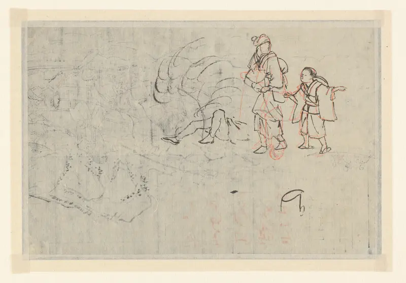 Schetsblad met een volwassene en een kind, en de benen van een liggende man Wall Art by Utagawa Hiroshige (II) - High-Resolution Digital Print