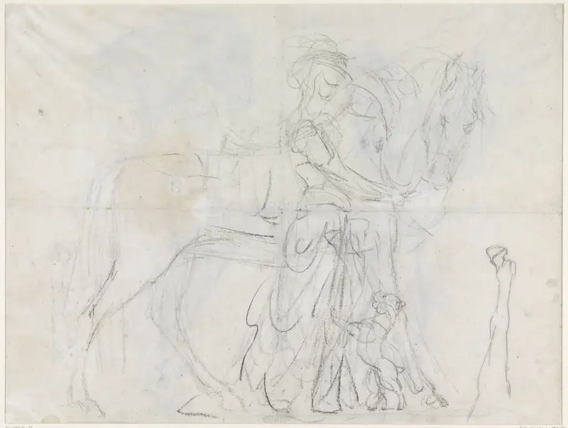 Schetsblad met een vrouw, een paard en een hond Wall Art by Jan Kuyper - High-Resolution Digital Print