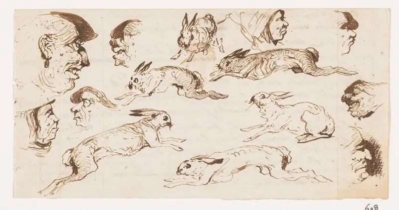 Schetsblad met hazen en koppen Wall Art by Johannes Tavenraat - High-Resolution Digital Print
