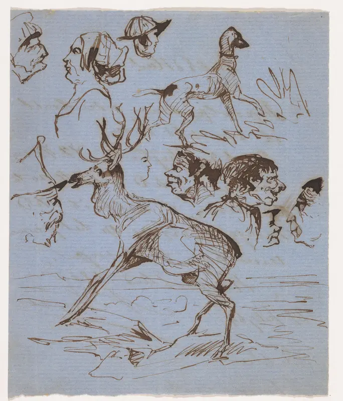 Schetsblad met hert, hond en koppen Wall Art by Unknown - High-Resolution Digital Print