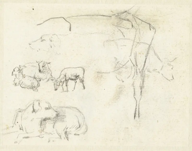Schetsblad met honden, schapen en een koe Wall Art by Pieter Gerardus van Os - High-Resolution Digital Print