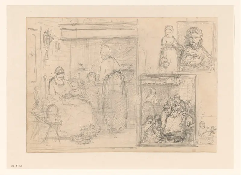 Schetsblad met interieur met vrouwen en kinderen Wall Art by Hendrik Valkenburg - High-Resolution Digital Print