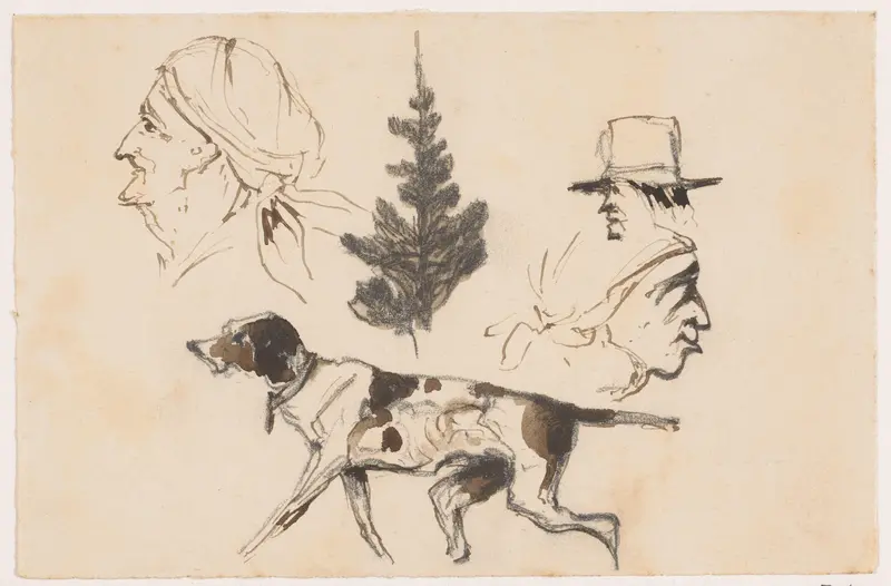 Schetsblad met koppen, boom en hond Wall Art by Johannes Tavenraat - High-Resolution Digital Print