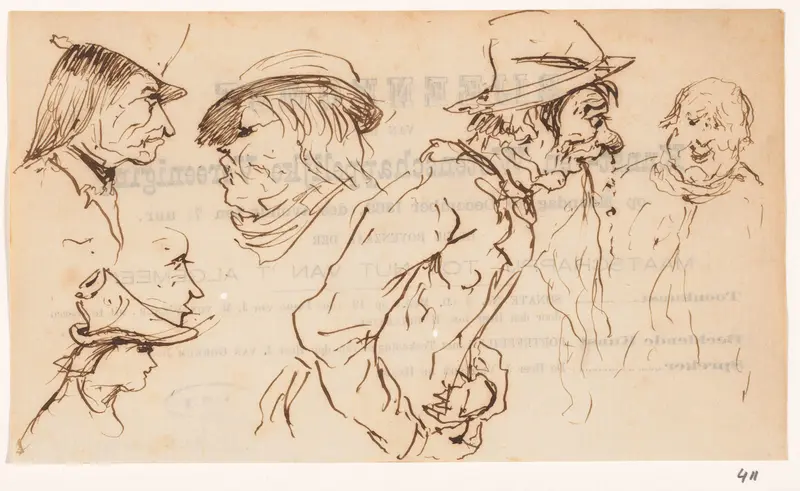 Schetsblad met koppen en overgevende man Wall Art by Johannes Tavenraat - High-Resolution Digital Print