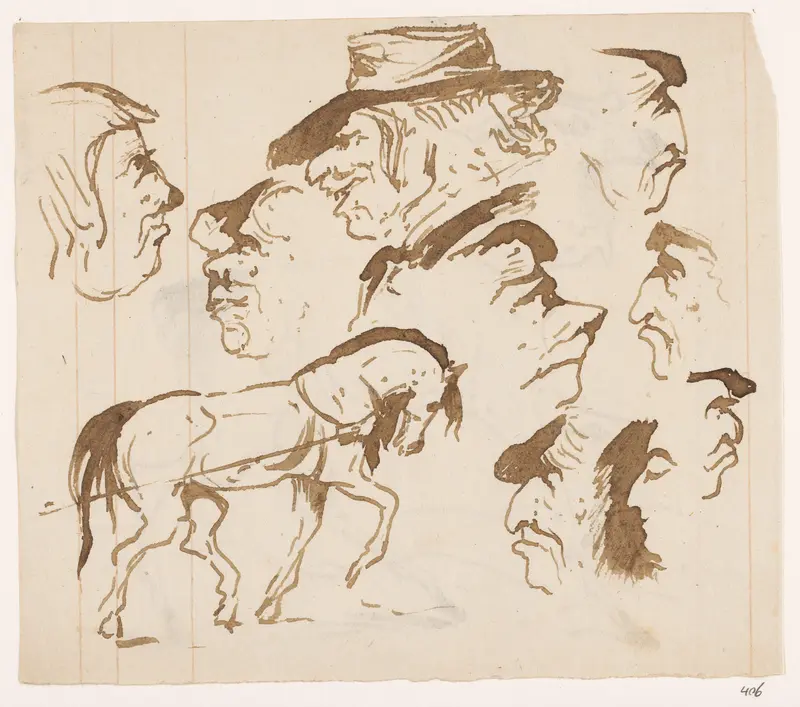 Schetsblad met koppen en paard Wall Art by Johannes Tavenraat - High-Resolution Digital Print