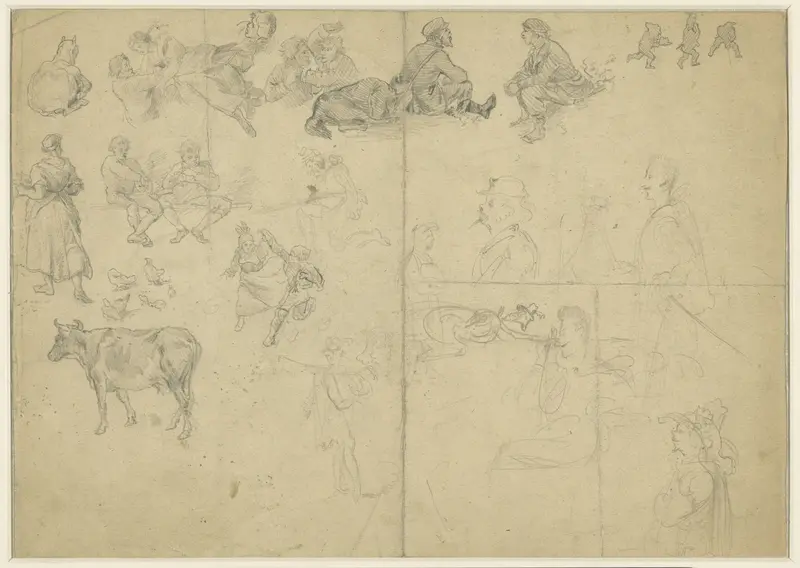 Schetsblad met krabbels van het land, een koe, dansers, toeristen en fantasie-figuren Wall Art by Ludwig Munthe - High-Resolution Digital Print