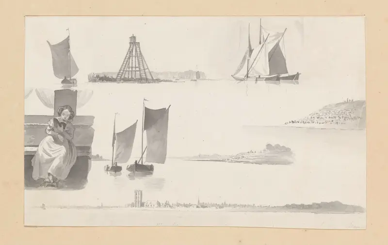 Schetsblad met lezende vrouw, zeilschepen, vuurtoren en gezichten van de wal Wall Art by Hendrik Abraham Klinkhamer - High-Resolution Digital Print