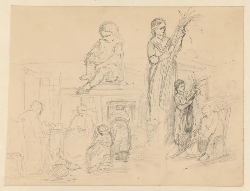 Schetsblad met meisje, vrouw met korenschoof en interieur met familie Wall Art by Hendrik Valkenburg - High-Resolution Digital Print