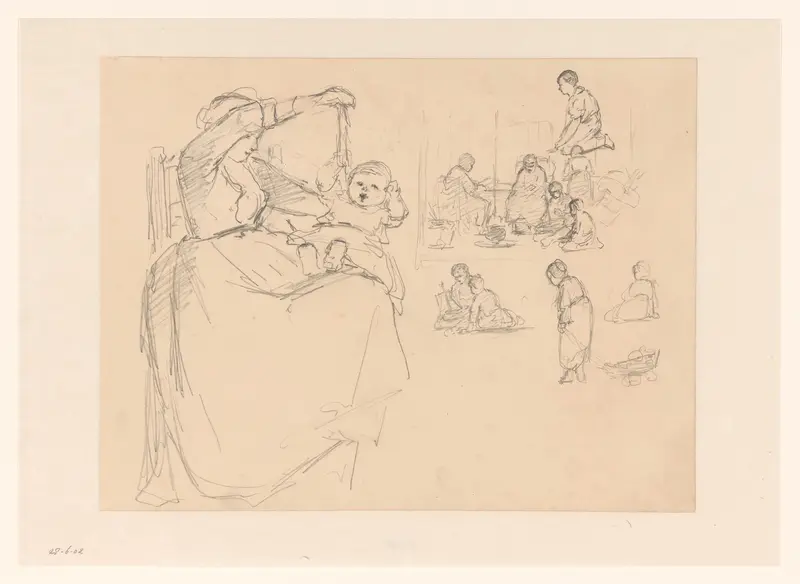Schetsblad met moeder en spelende kinderen Wall Art by Hendrik Valkenburg - High-Resolution Digital Print