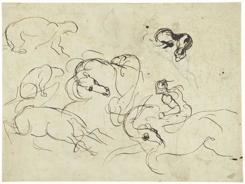 Schetsblad met ruiter, paarden en panter over een figuurstudie Wall Art by Eugène Delacroix - High-Resolution Digital Print