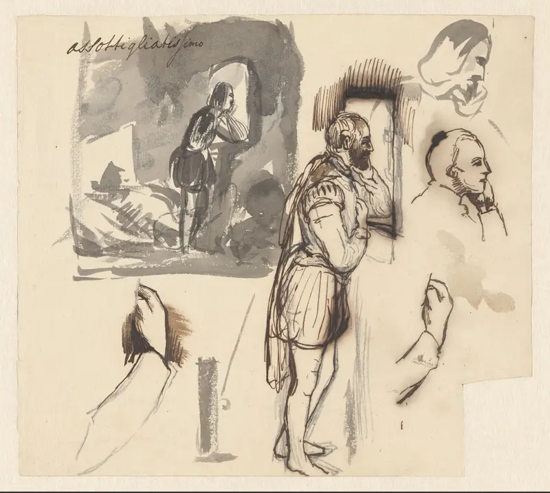 Schetsblad met studies van een man die uit een venster kijkt Wall Art by Unknown - High-Resolution Digital Print