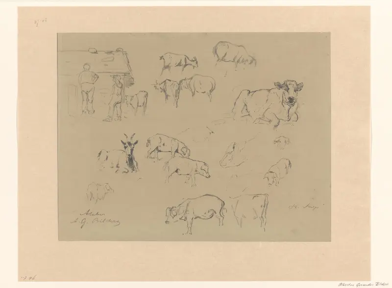 Schetsblad met studies van koeien, varkens, geiten en een paar boeren Wall Art by Gerard Bilders - High-Resolution Digital Print