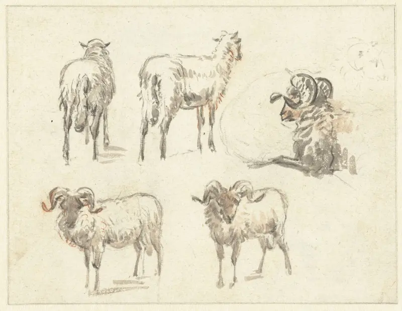 Schetsblad met twee geiten en drie rammen Wall Art by Pieter Gerardus van Os - High-Resolution Digital Print