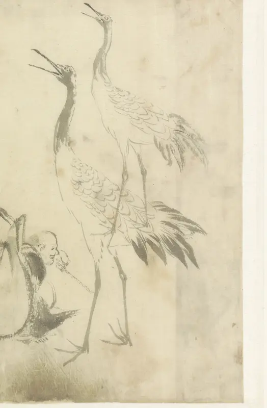 Schetsblad met twee kraanvogels en een man met knapzak Wall Art by Yamamoto Shinryo Baiitsu - High-Resolution Digital Print
