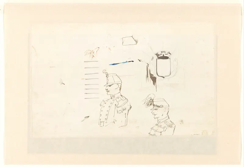 Schetsblad met twee studies van een militair en een schets van een wapen Wall Art by Louis Charles Bombled - High-Resolution Digital Print