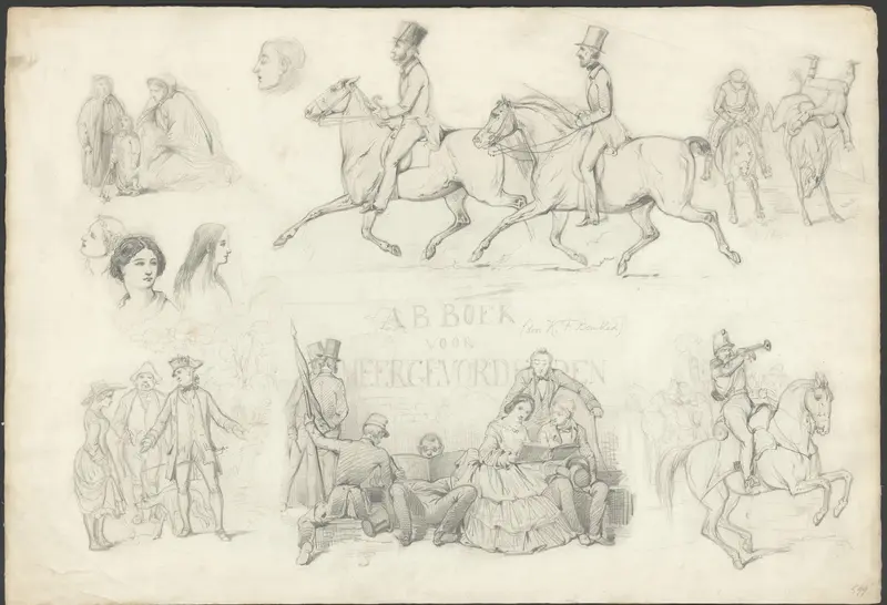 Schetsblad met uiteenlopende studies van mensen en paarden Wall Art by Karel Frederik Bombled - High-Resolution Digital Print