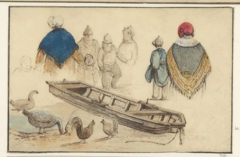 Schetsblad met verschillende stadstypes, eenden en een boot Wall Art by Christiaan Andriessen - High-Resolution Digital Print