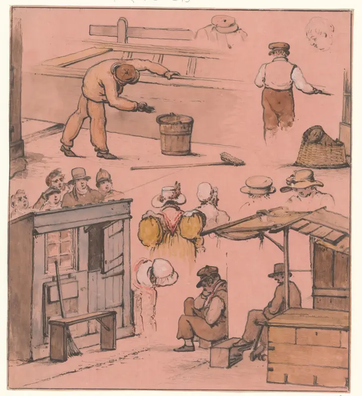 Schetsblad met verschillende stadstypes, waaronder een schoenpoetsers en koekkraam Wall Art by Christiaan Andriessen - High-Resolution Digital Print