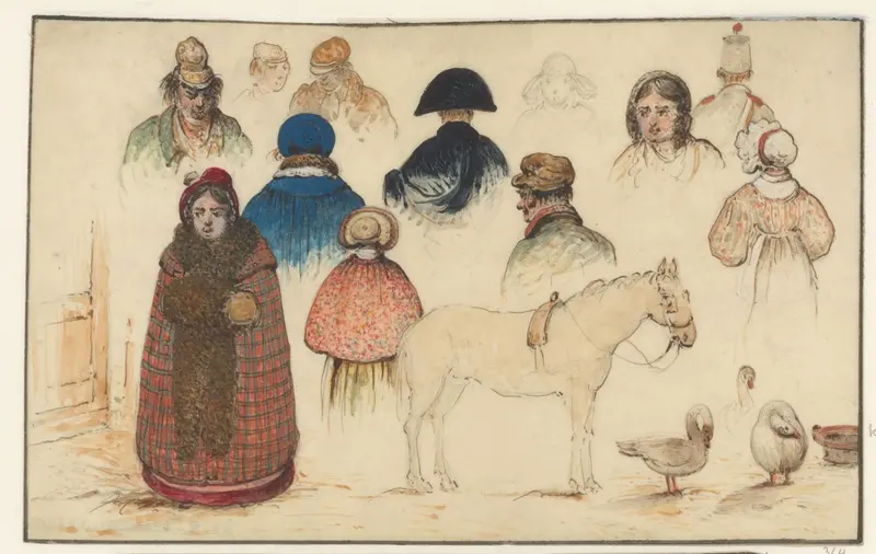 Schetsblad met verschillende stadstypes, waaronder een vrouw met een mof Wall Art by Christiaan Andriessen - High-Resolution Digital Print