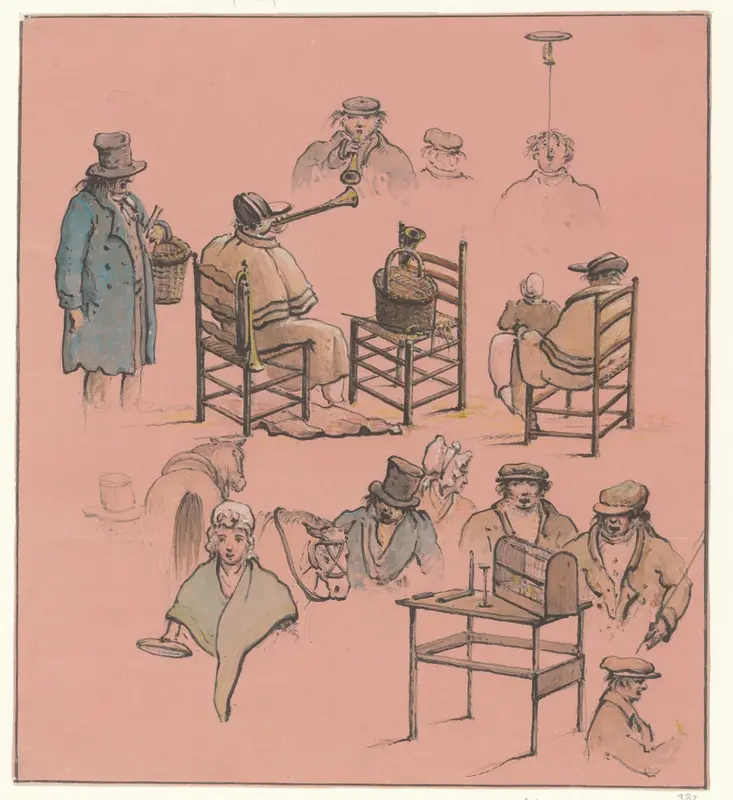 Schetsblad met verschillende stadstypes, waaronder kermisfiguren en straatmuzikanten Wall Art by Christiaan Andriessen - High-Resolution Digital Print