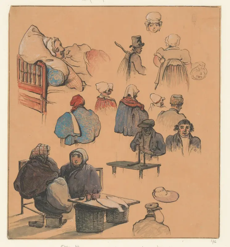Schetsblad met verschillende stadstypes, waaronder twee visverkoopsters Wall Art by Christiaan Andriessen - High-Resolution Digital Print