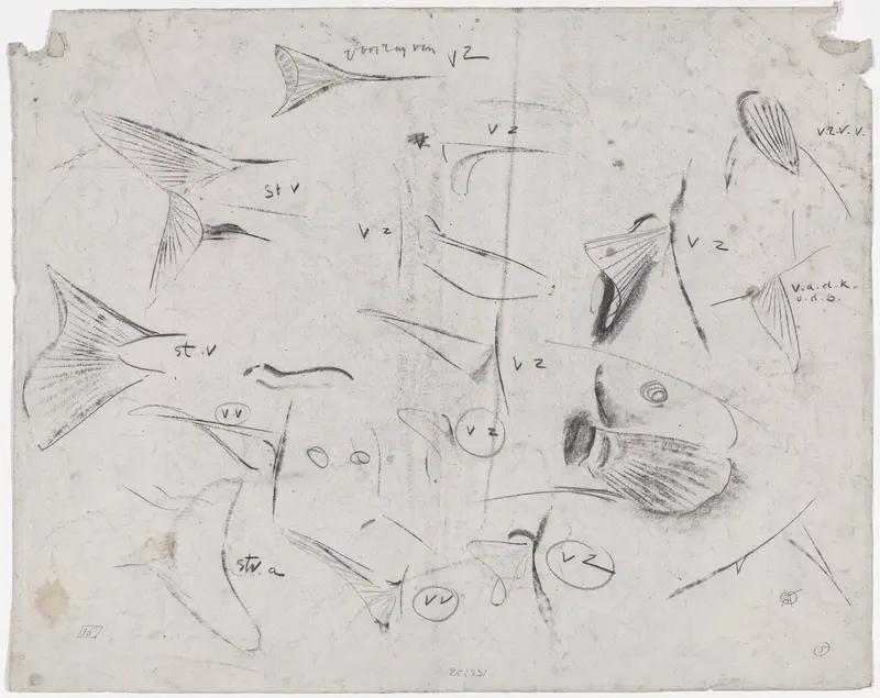 Schetsblad met verschillende vissen, studies van vinnen en staarten Wall Art by Gerrit Willem Dijsselhof - High-Resolution Digital Print