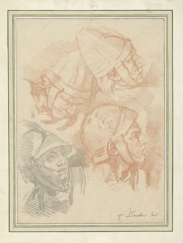 Schetsblad met vier koppen van gehelmde soldaten Wall Art by Unknown - High-Resolution Digital Print