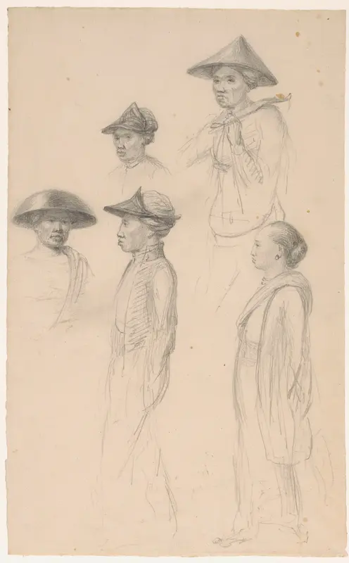 Schetsblad met vijf hoofd- en figuurstudies van Indonesische mannen en vrouwen Wall Art by Christian Heinrich Gottlieb Steuerwald - High-Resolution Digital Print